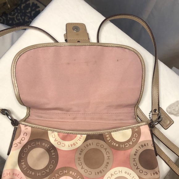 COACH SOHO logo snap head flap mini pink, brown, & tan Sateen fabric crossbody. - Picture 5 of 9